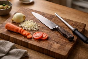 Den ene køkkenkniv, der gør hverdagsmaden lettere (og hvordan du holder den skarp)