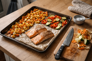 Én bageplade, ro i køkkenet: min byggeguide til ovn-aftensmad der bliver færdig samtidig