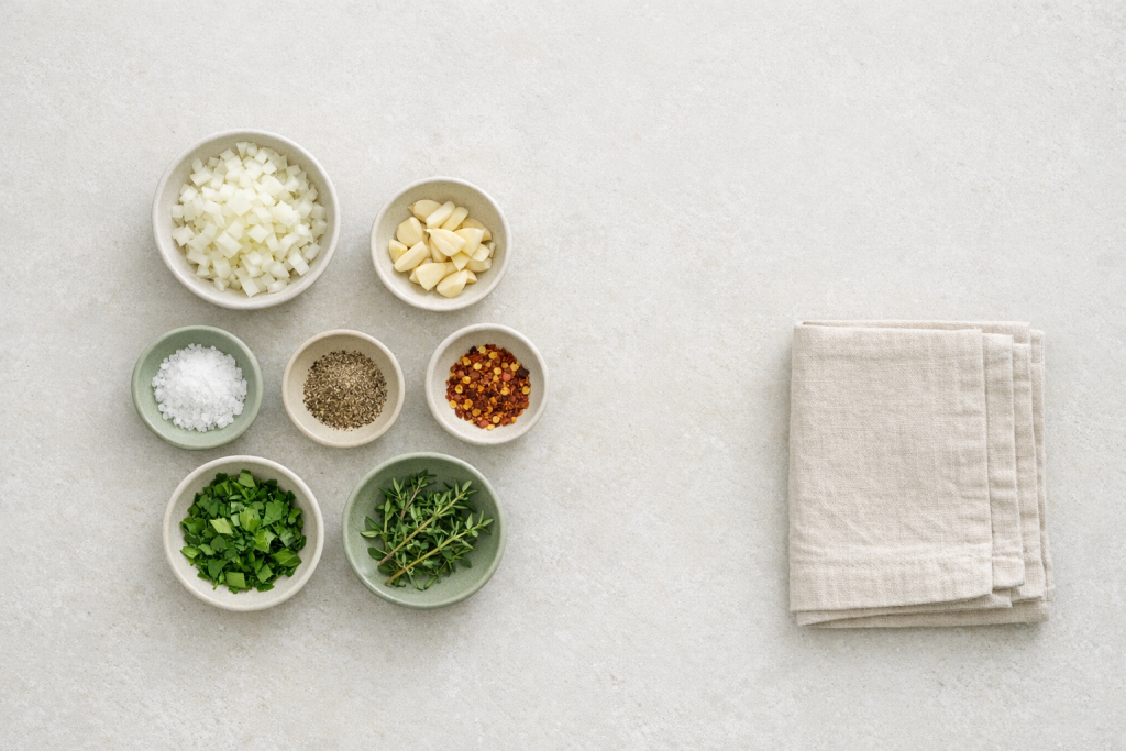 [light] Mission/værdier: Symbolsk billede af enkelhed og struktur i madlavning—mise en place og ro. Velegnet som baggrund eller sektionbillede ved værdier og metode.