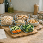 [light] Generel atmosfære/livsstil: En rolig weekend-forberedelse (meal prep) med glasbokse og friske råvarer. Bruges som brand-stemning på tværs af sider.