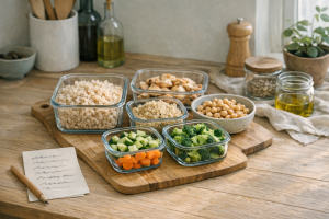[light] Generel atmosfære/livsstil: En rolig weekend-forberedelse (meal prep) med glasbokse og friske råvarer. Bruges som brand-stemning på tværs af sider.