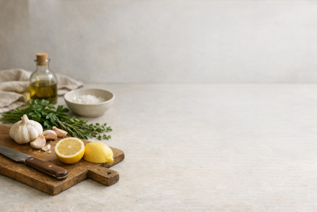 [light] Standard blogheader: Et generelt, fleksibelt madlavningsbillede med plads til beskæring og farveoverlay. Passer til mange artikler om tips, råvarer og opskrifter.