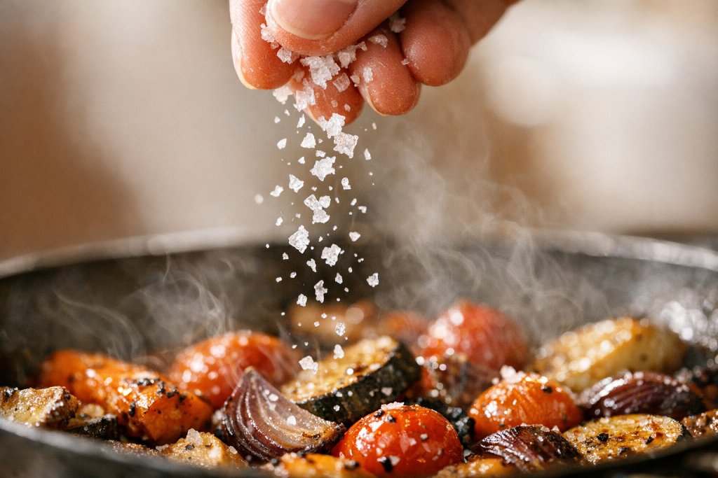 [dark] Detaljebillede: Close-up af en konkret ‘klog’ køkkendetalje (fx salt der drysses, olie i stråle, eller termometer i kød/grønt). Bruges i feature-sektioner og som visuelt bevis på teknik.
