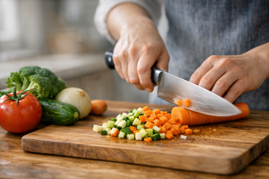 [light] Servicebillede 2: ‘Køkkenteknikker’—hænder der udfører en konkret teknik (fx hakning) på et skærebræt. Bruges som visuelt ikon for guides og how-to.