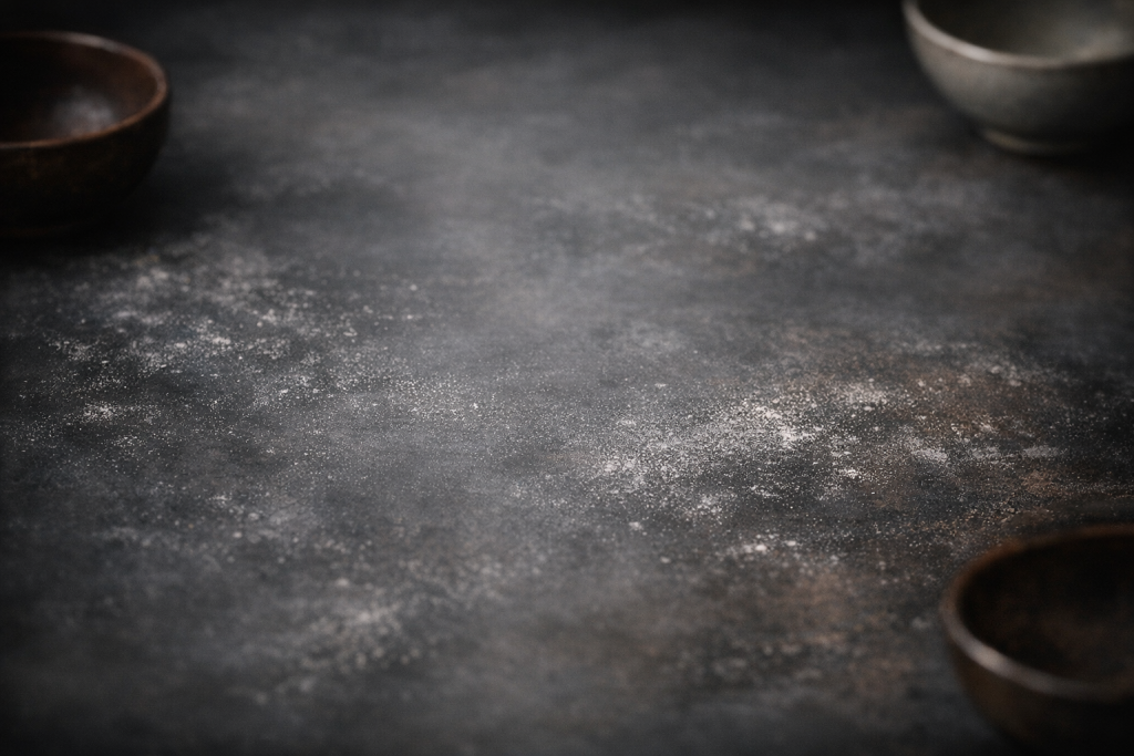 [dark] Baggrund til testimonials: Stemningsfuld, rolig tekstur fra køkkenmiljø (fx bordplade/keramik) uden for meget ‘støj’. Skal fungere bag citater.