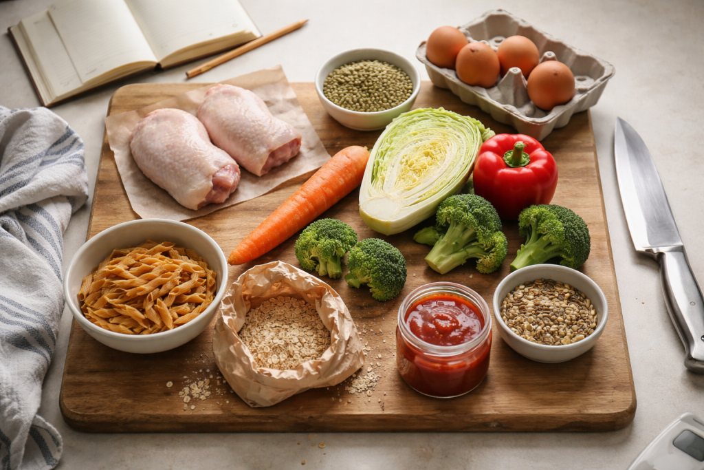 12 råvarer, 5 middage, 1 roligere uge: min genbrugelige madplans-model