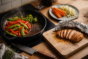 Aftensmad uden panik: sådan får du pande, kød og grønt færdigt samtidig