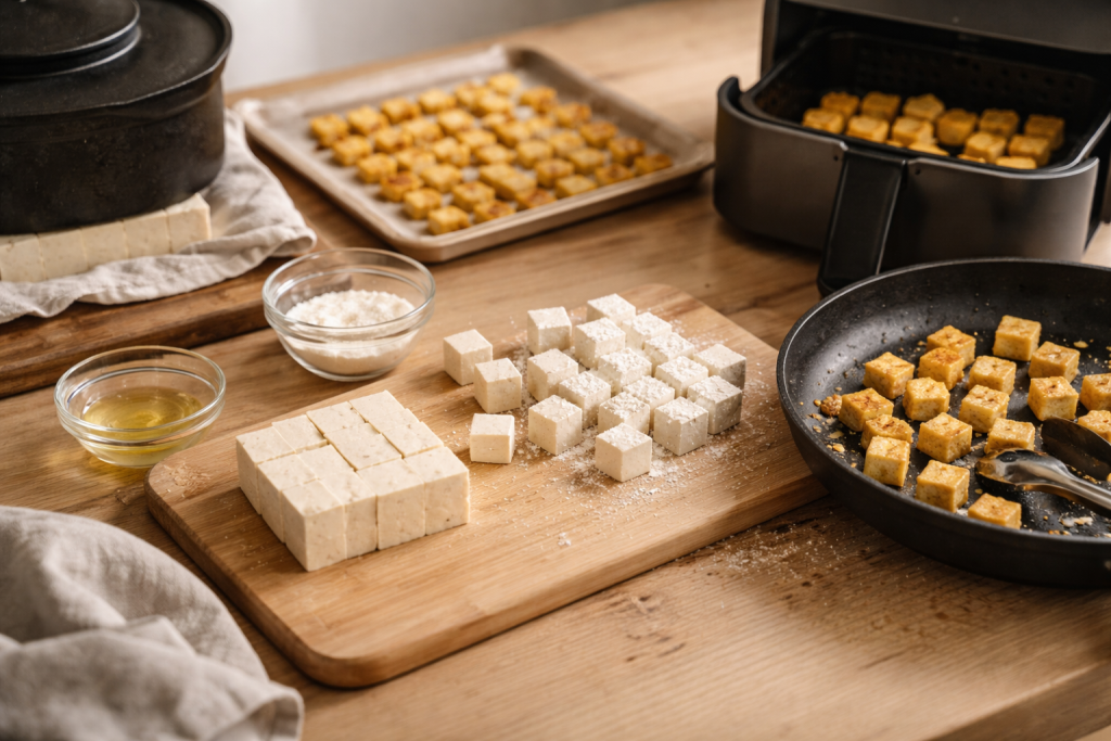 Crispy tofu uden cirkus: min sikre 10-minutters strategi og 3 stegemetoder