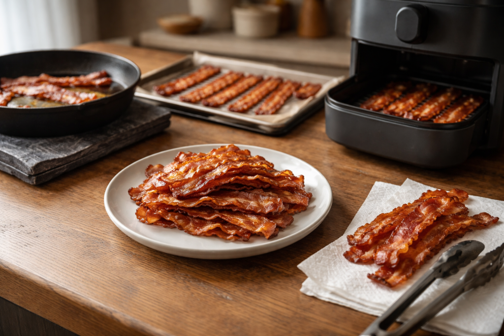 Sprød bacon hver gang: mine sikre tider til ovn, pande og airfryer