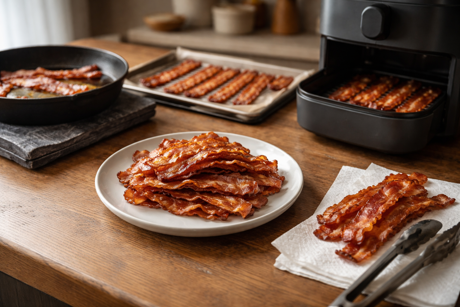 Sprød bacon hver gang: mine sikre tider til ovn, pande og airfryer