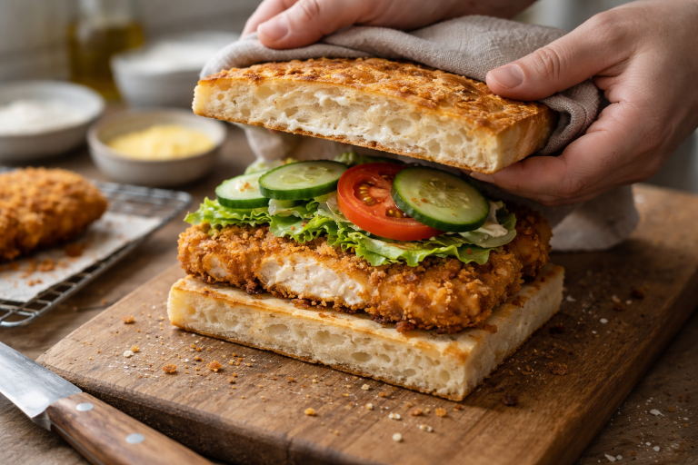 Focaccia sandwich med crispy chicken: sprød kylling og brød der ikke bliver vådt