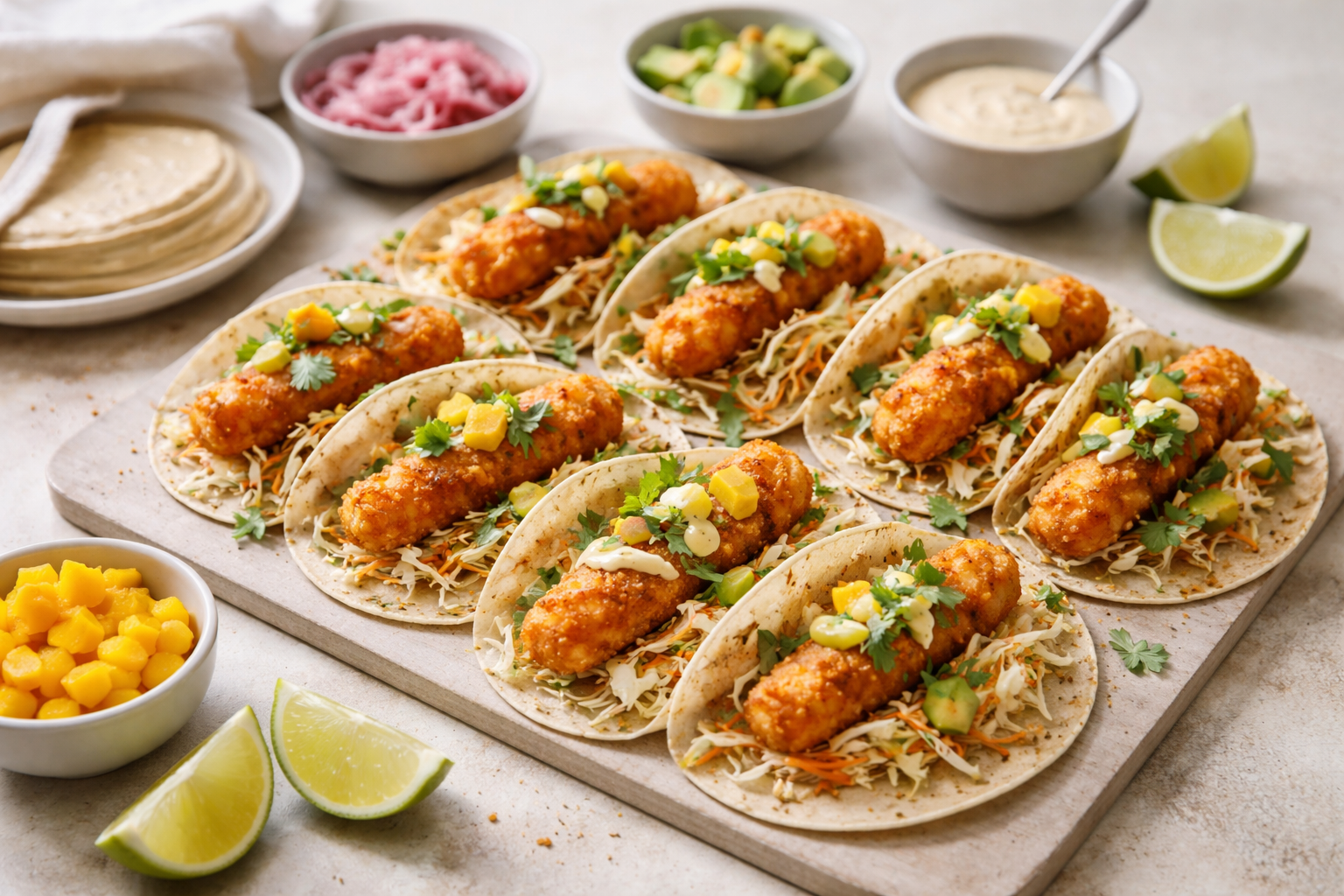Fisketacos med sprød fisk, hurtig dressing og tilbehør der ikke sjasker